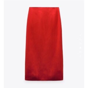 Zara red satin effect midi slip skirt NWT